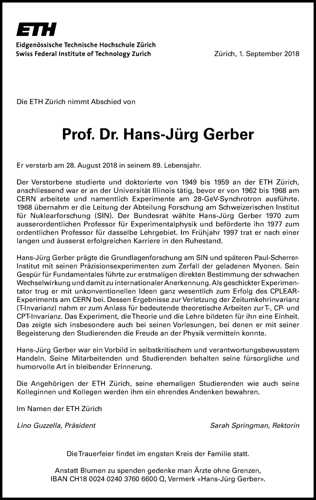 Enlarged view: Obituary Prof. Dr Hans-Jürg Gerber