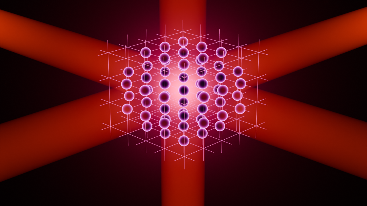 Illustration showing ultracold atoms trapped in the lattice structure created by crossing laser beamsla