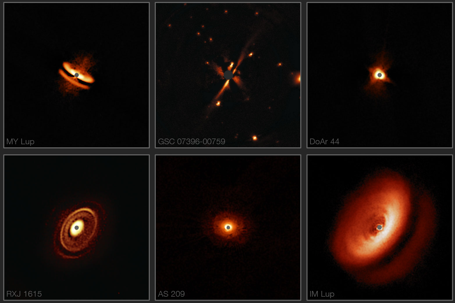 Vergrösserte Ansicht: Neue Bilder des SPHERE-Instruments zeigen detailliert die Staubscheiben, die junge Sterne in unserer kosmischen Nachbarschaft umgeben. Diese Scheiben weisen eine erstaunliche Vielfalt an Formen, Grössen und Strukturen auf. Einige ihrer Eigenschaften dürften das Werk von Planeten sein, die in diesen Scheiben entstehen. (Bilder: ESO/H. Avenhaus et al./DARTT-S Kollaboration)