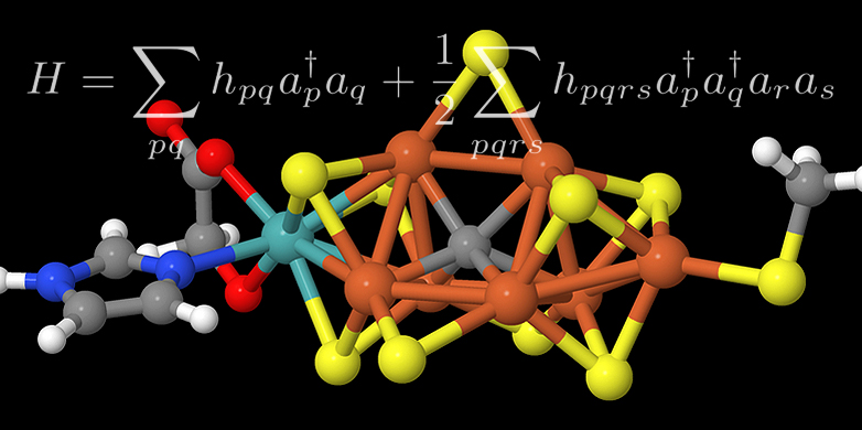 Künftige Quantencomputer werden den Reaktionsmechanismus des Enzyms Nitrogenase berechnen können. Im Bild das aktive Zentrum des Enzyms und eine für die Berechnung zentrale mathematische Formel. (Grafik: ETH Zürich)