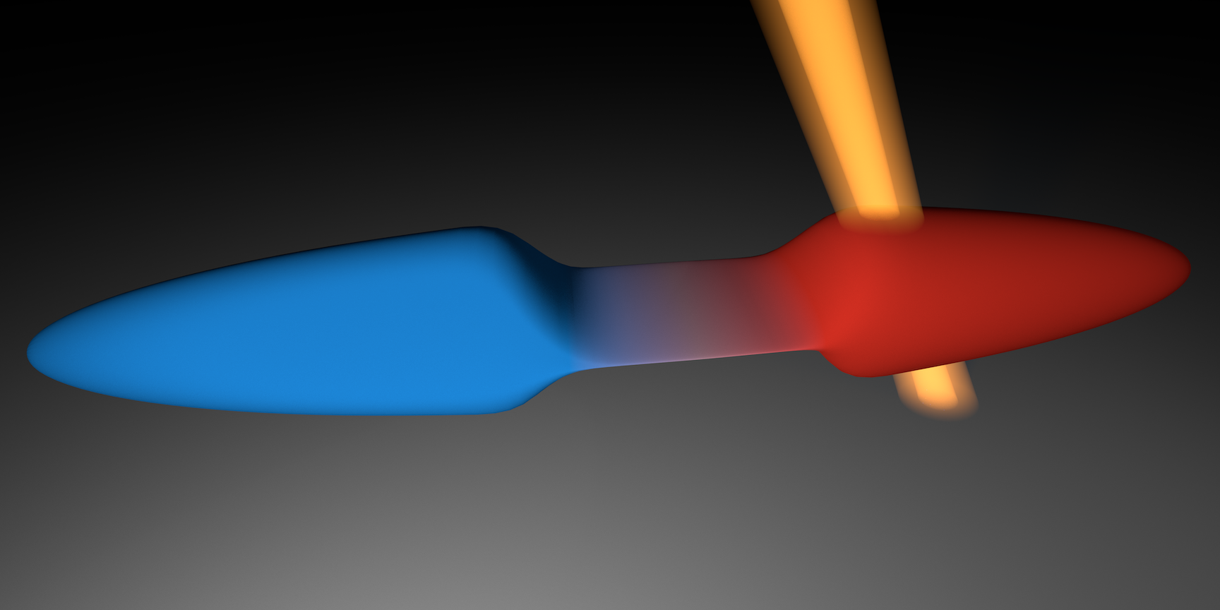 Abbildung, die zeigt wie im Experiment der ETH-Forschenden zunächst eine von zwei Quantengaswolken erhitzt wird und dann mittels eines zweidimensionalen Kanals mit der anderen Wolke verbunden wird, worauf der Temperaturunterschied nach und nach ausgeglichen wird.