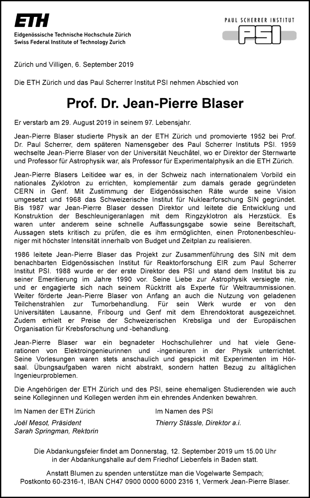 Traueranzeige Prof. Dr. Jean-Pierre Blaser