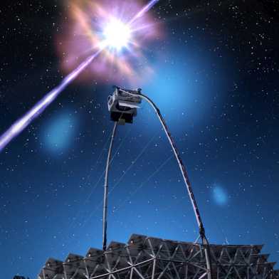 Künstlerische Darstellung eines der MAGIC-Teleskope, wie es das Signal einen Gammablitz detektiert
