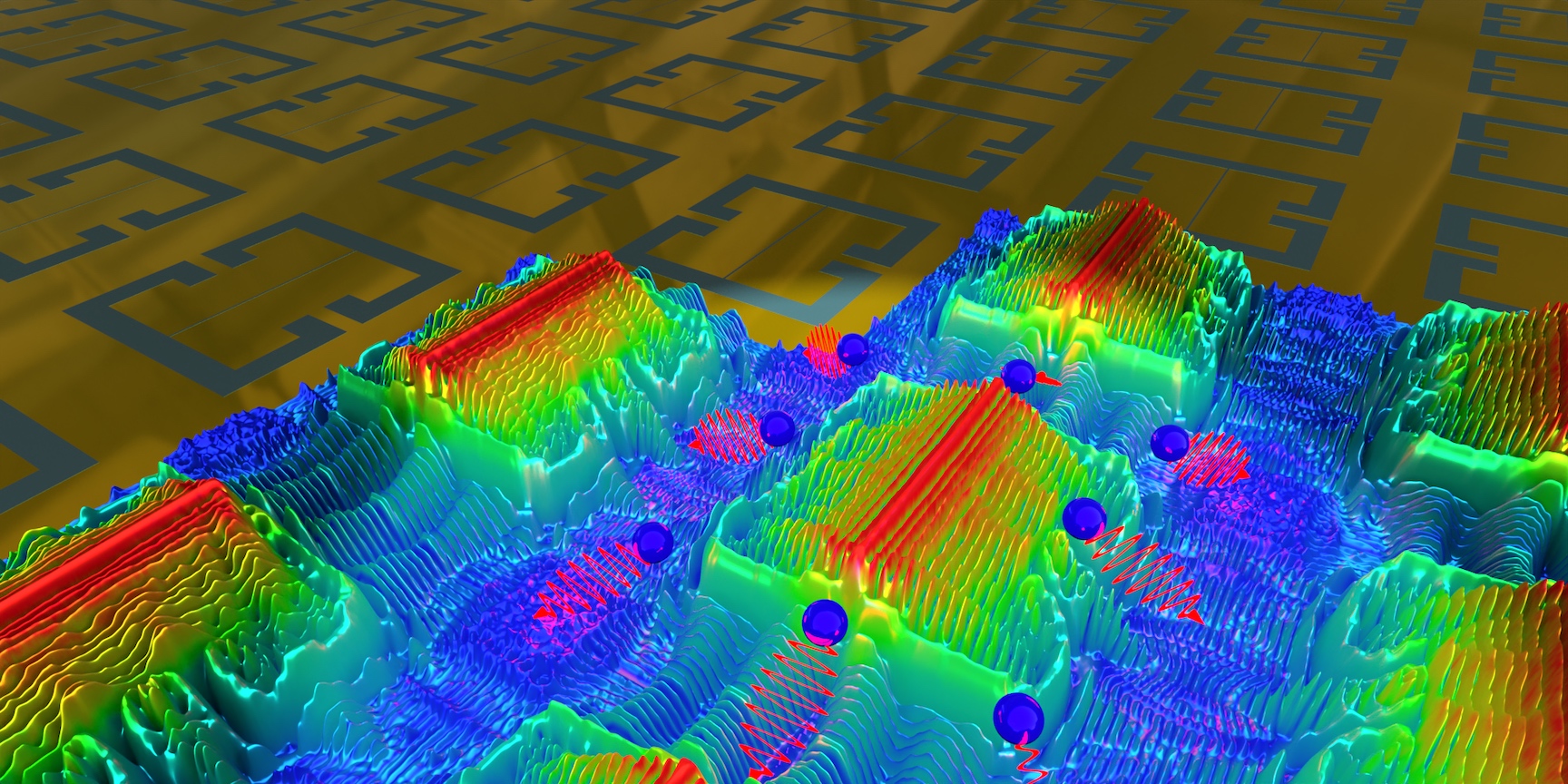 Vergrösserte Ansicht: Metaoberfläche aus Split-Ring-Resonatoren, teilweise überlagert mit 3D-Farbkarten, die die simulierte Verteilung des elektrischen Feldes zeigen