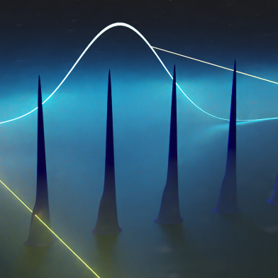 Schematische Darstellung, wie die Bildung von Femtosekundenpulsen in einem Quantenkaskadenlaser im mittleren Infrarotbereich mittels eines optischen Abtastverfahrens validiert wird.