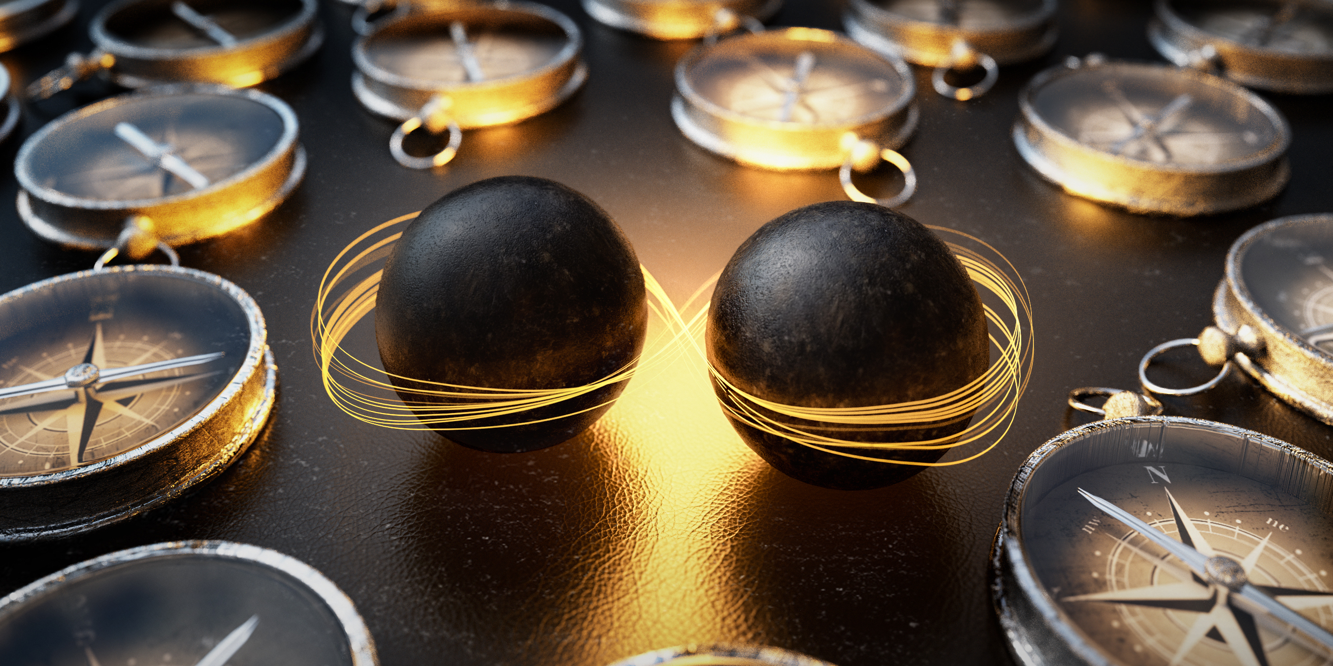 Das Bild zeigt zwei schwarze Kugeln, die Löcher repräsentieren. Diese befinden sich in einer geordneten magnetischen Anordnung von Spins (die mit Kompassen illustriert sind).
