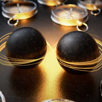 Das Bild zeigt zwei schwarze Kugeln, die Löcher repräsentieren. Diese befinden sich in einer geordneten magnetischen Anordnung von Spins (die mit Kompassen illustriert sind).