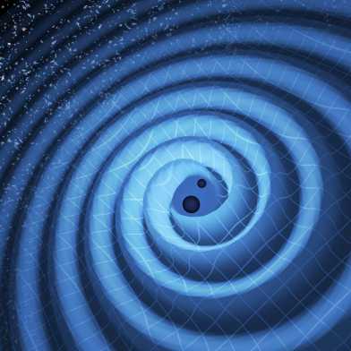 Künstlerische Darstellung der Verschmelzung zweier schwarzer Löcher und der daraus resultierenden Gravitationswellen