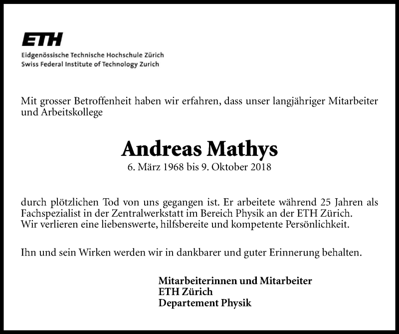 Todesanzeige Andreas Mathys