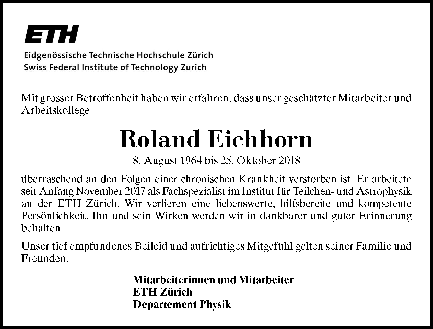 Traueranzeige Roland Eichhorn