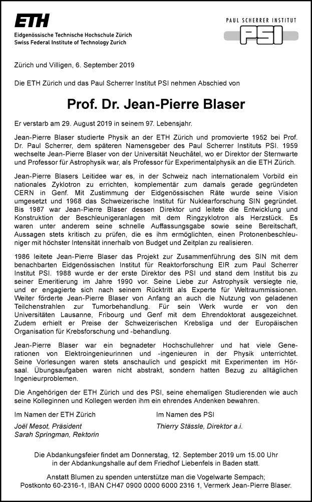 Death notice Prof. Dr. Jean-Pierre Blaser