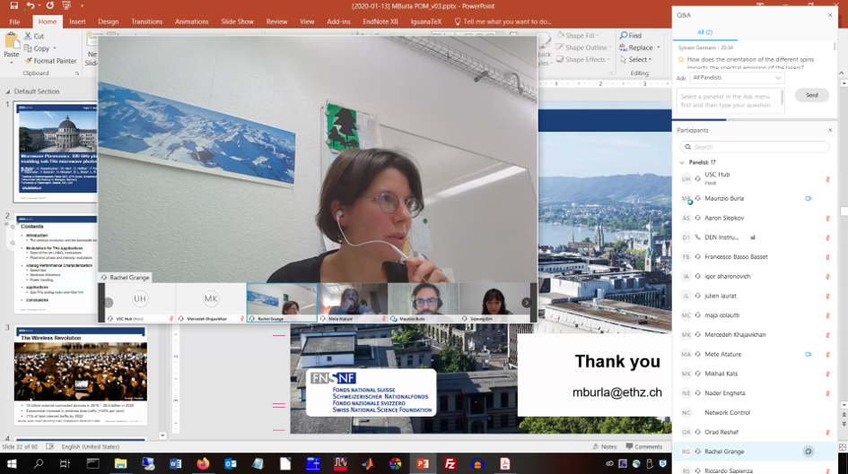 Rachel Grange, Professor at the Institute of Quantum Electronics at ETH Zurich, presenting the questions, which were addressed to the speakers by e-mail. (Picture: print screen of the conference)