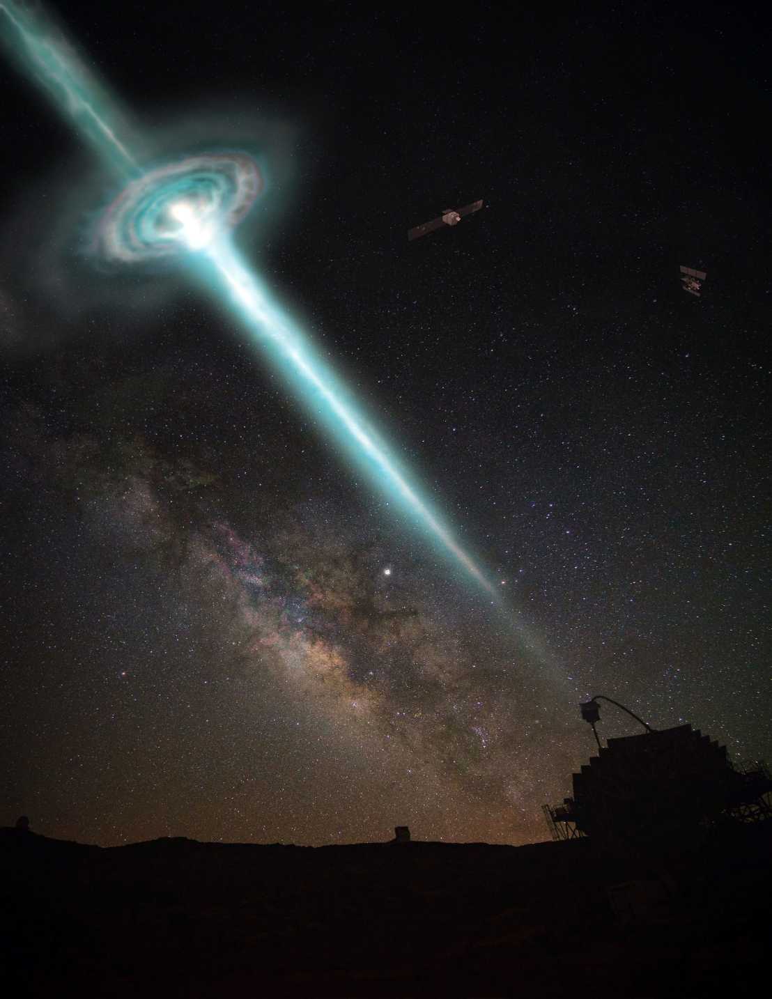 Artist's impression of a gamma ray burst observed by the MAGIC telescope system and satellite observatories