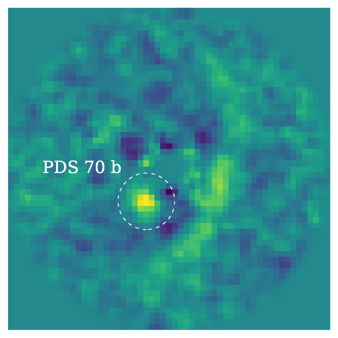 Enlarged view: Image of the PDS 70 planetary system and circumstellar disk, containing the two nascent planets PDS 70 b and PDS 70 c.