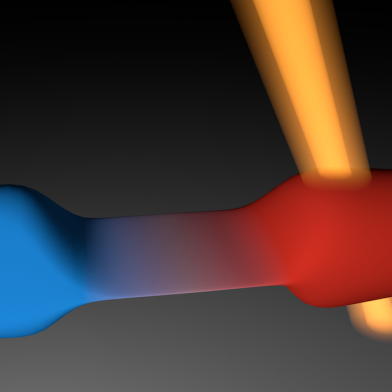 Artistic impression of the experiment in which Häusler and colleagues first heat one of two quantum-gas clouds and then connect them with a two-dimensional channel, such that they can equilibrate.