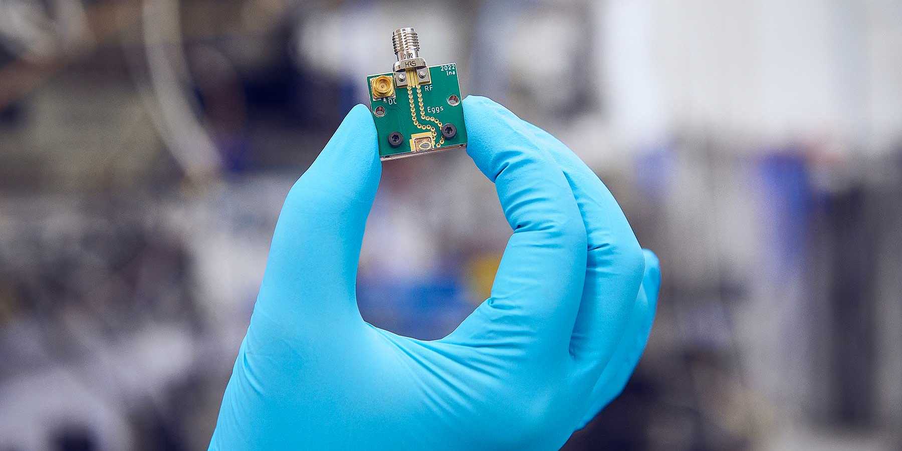 A gloved hand holding the chip used in the experiment