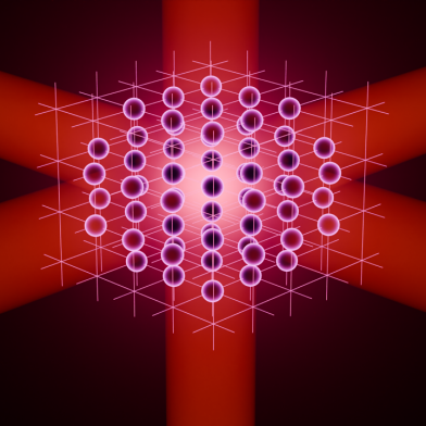 Illustration showing ultracold atoms trapped in the lattice structure created by crossing laser beams
