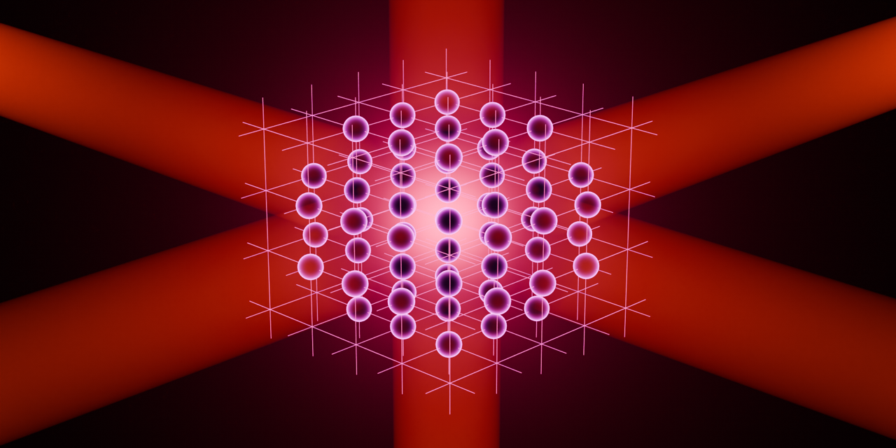 Illustration showing ultracold atoms trapped in the lattice structure created by crossing laser beams