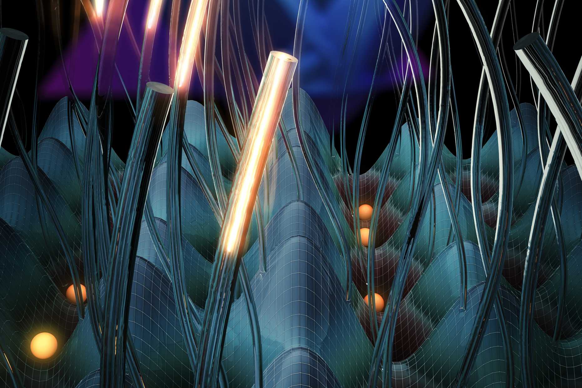 A physical phenomenon in four spatial dimensions was realized in two experiments: with light in waveguides (winding tubes) and using cold atoms (orange spheres) in optical lattices. (Picture: ETH Zürich)