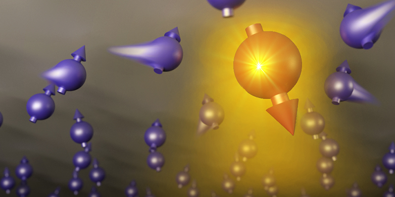 A polaron (orange) is formed amidst the electrons (violet) inside a solid. (VIsualisations: ETH Zurich / Meinrad Sidler)