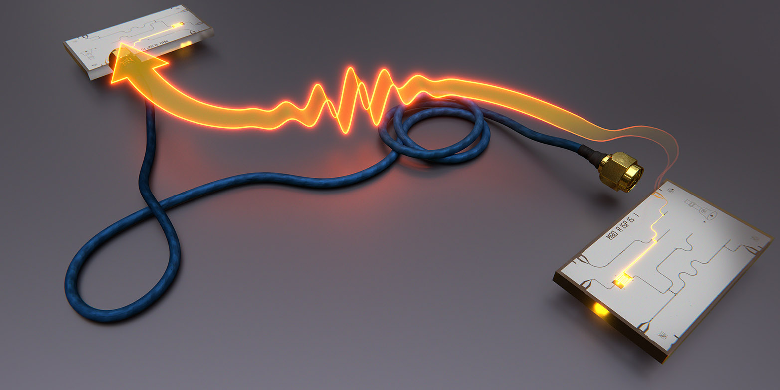 For the first time, the quantum state of a superconducting qubit was transferred with a coaxial cable to another qubit. (Bild ETH Zürich / P. Kurpiers)