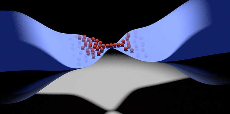 Enlarged view: A point contact through which neutral, ultracold atoms flow. According to the laws of quantum physics, conductivity can only change in discrete steps.