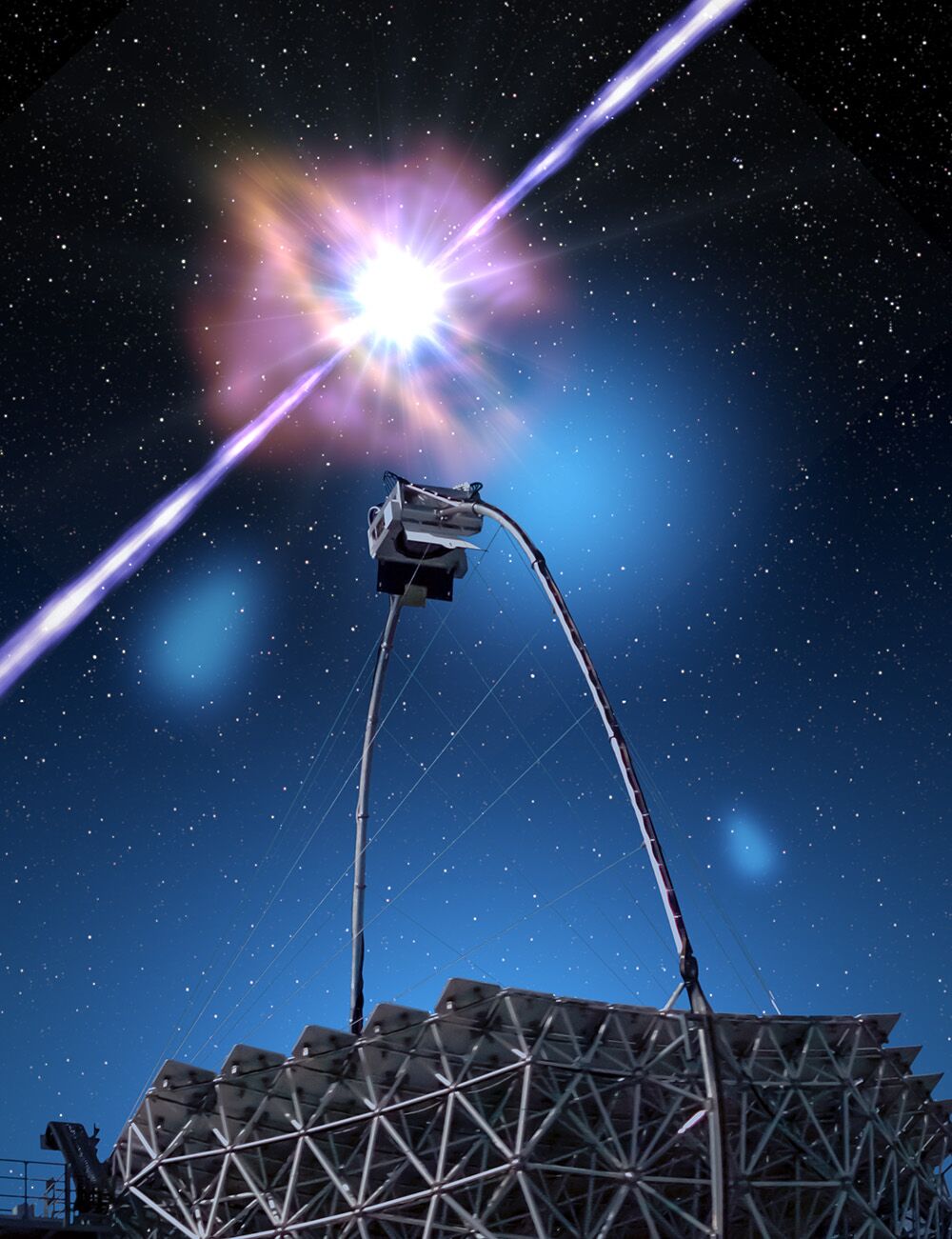 Artist's impression showing one of the MAGIC telescopes picking up the signal from a gamma-ray burst.