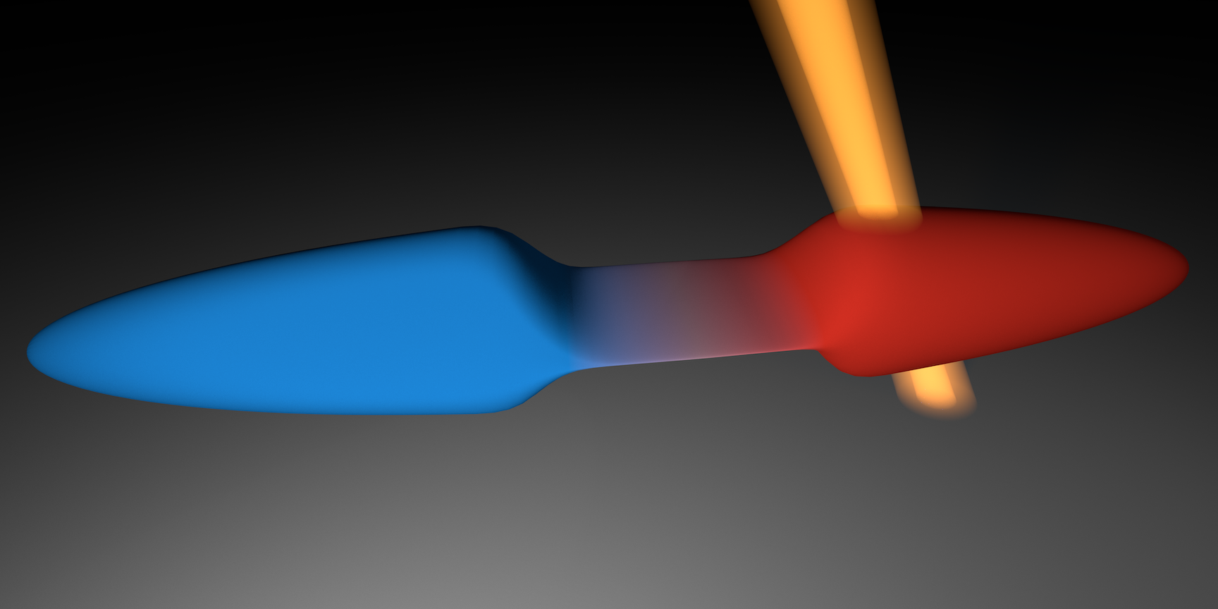 Artistic impression of the experiment in which Häusler and colleagues first heat one of two quantum-gas clouds and then connect them with a two-dimensional channel, such that they can equilibrate.