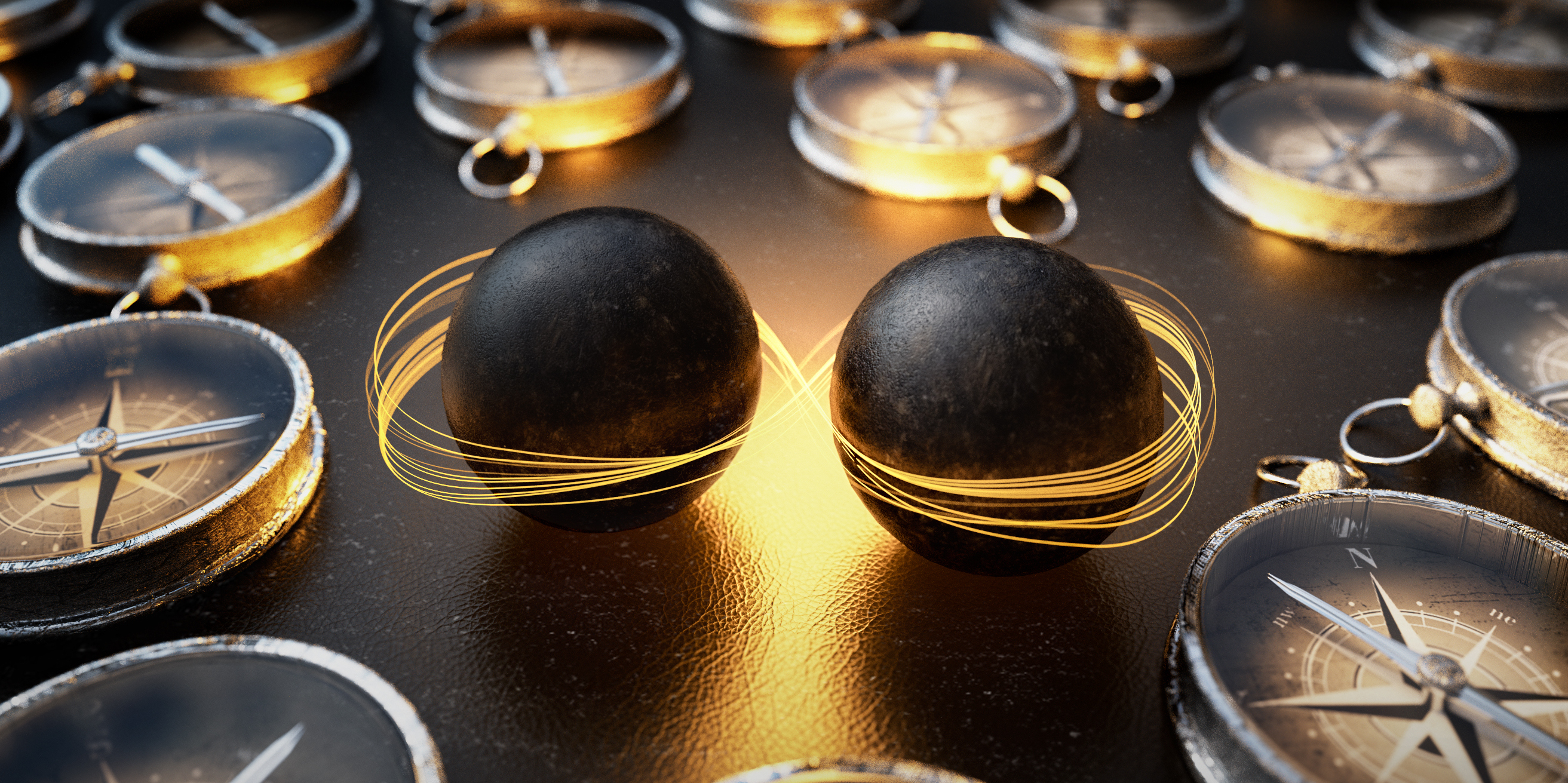 The image show two black spheres representing holes in an ordered magnetic array of spins illustrated with compasses.