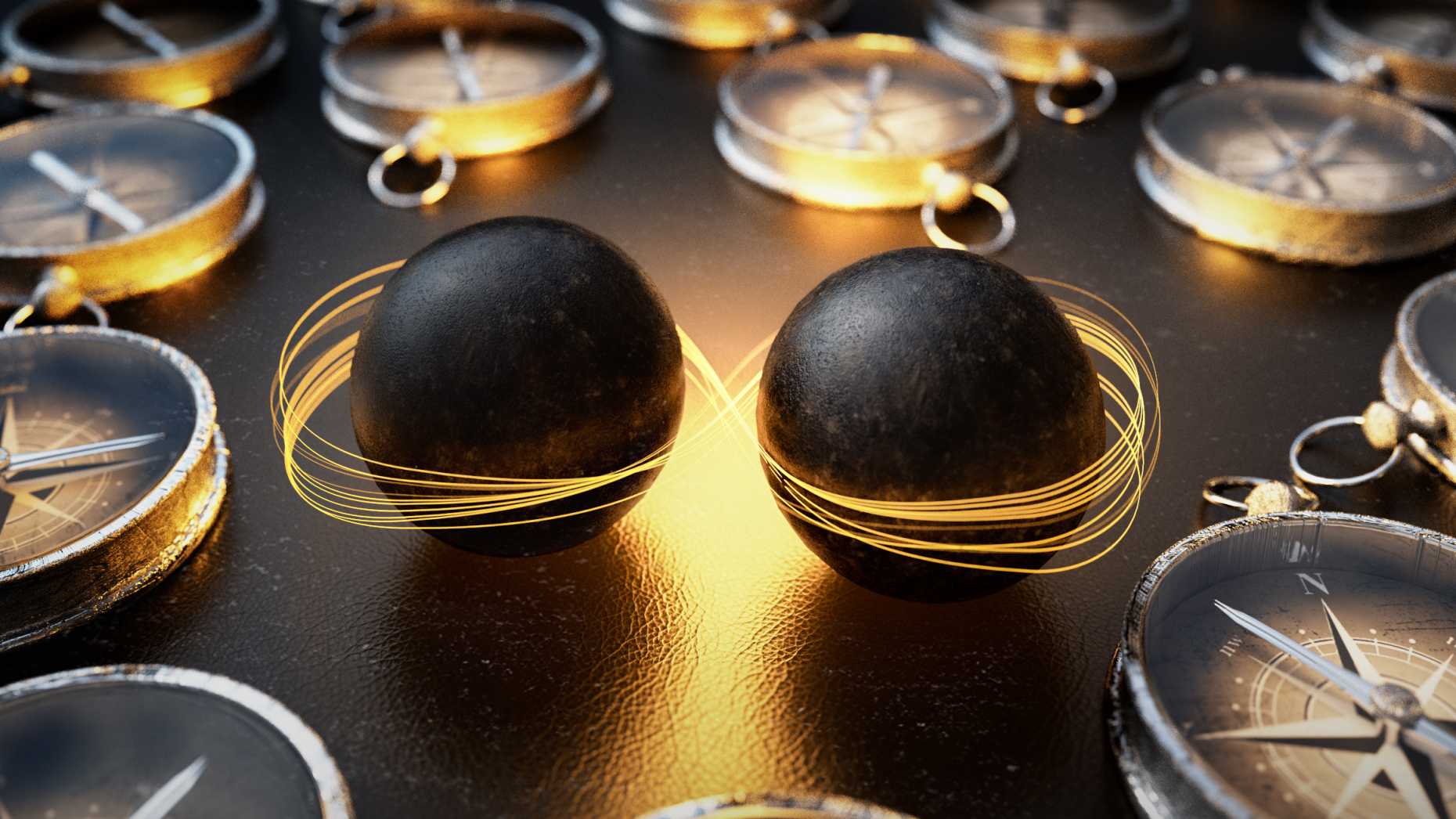 The image show two black spheres representing holes in an ordered magnetic array of spins illustrated with compasses.